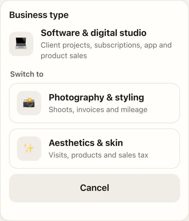 Moonkeel's business type picker, offering Photography and styling, Aesthetics and skin, and Software and digital studio.