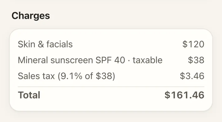 A sample Moonkeel charges card listing a service, a taxable product, the sales tax on it and the total.