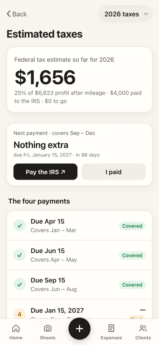 Moonkeel's estimated taxes screen with a federal tax estimate so far this year and the four quarterly payments.